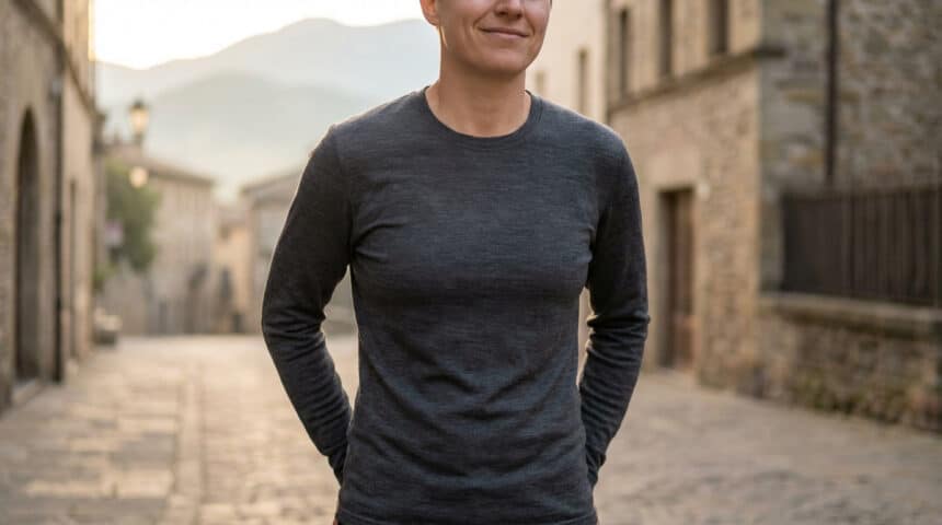 Femme portant un t-shirt à manches longues en laine mérinos gris foncé, souriante dans une rue pavée ancienne.