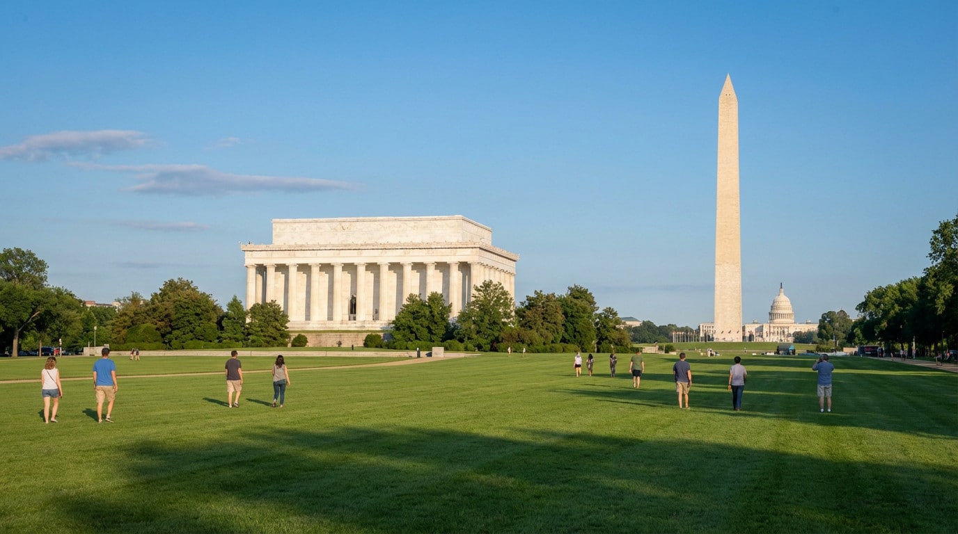 Vue panoramique du National Mall avec le Mémorial de Lincoln, le Washington Monument et le Capitole. Des visiteurs se promènent sur la pelouse.