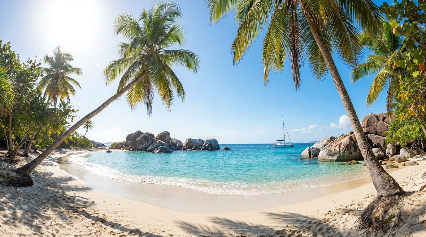 Plage de sable blanc avec cocotiers, rochers et eau turquoise, un catamaran au loin sous un ciel bleu ensoleillé.