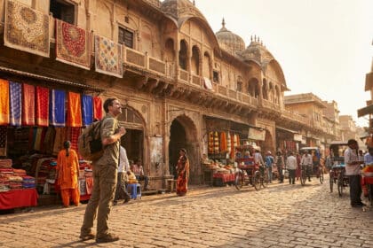 Homme souriant avec sac à dos explorant un marché indien vibrant de textiles, tapis et architecture ancienne sous le soleil.