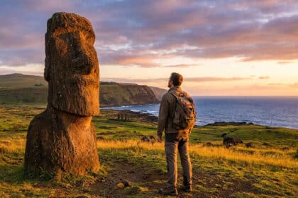Voyageur admirant un Moai sur l'Île de Pâques au crépuscule, avec la côte et l'océan en arrière-plan.