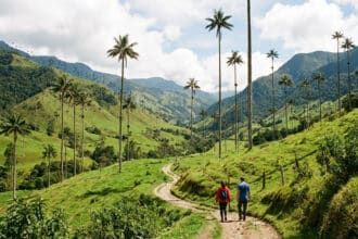 Deux randonneurs sur un sentier traversant la Vallée de Cocora, Colombie, avec de très hauts palmiers de cire et des collines verdoyantes.