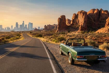 Voiture de collection verte garée au bord d'une route sinueuse traversant un désert rocheux avec la skyline d'une ville lointaine.