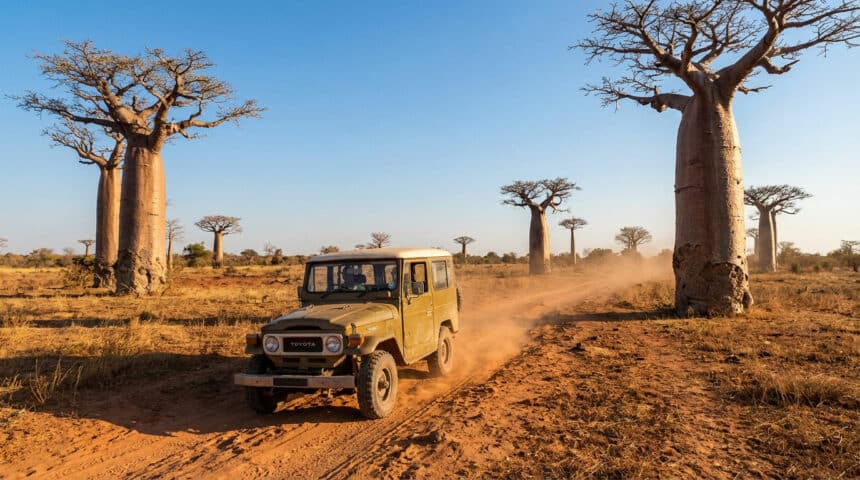 Un 4x4 Toyota beige roule sur une piste de terre rouge parmi de grands baobabs sous un ciel bleu clair à Madagascar.