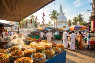 Un marché de rue vibrant à Colombo avec un vendeur souriant préparant de la nourriture, des étals colorés et un grand stupa blanc en arrière-plan.