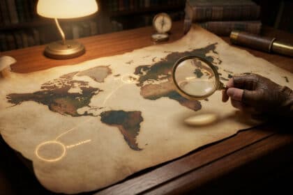 Une main gantée examine à la loupe une carte du monde ancienne, mettant en évidence le Pays de Galles et Wallis-et-Futuna. Lampe et boussole.
