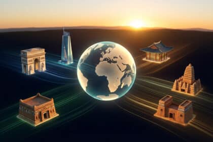 Globe lumineux et six monuments emblématiques de villes du monde, sur fond de coucher de soleil avec des lignes de connexion.