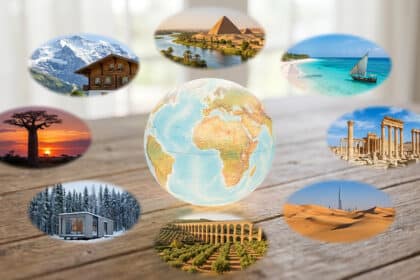 Un globe terrestre entouré de huit vignettes présentant diverses destinations de voyage emblématiques.