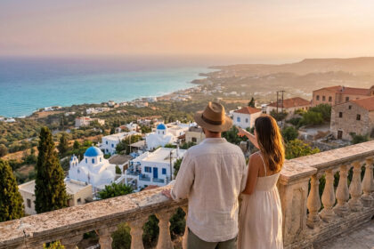 Couple de dos admirant un village côtier méditerranéen avec des maisons blanches aux toits bleus et la mer turquoise au coucher du soleil.