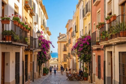 Rue étroite et pavée d'Alicante, bordée de bâtiments colorés aux balcons fleuris et bougainvilliers. Des passants et la mer au loin.