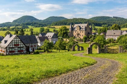 Vue panoramique d'un village allemand avec des maisons à colombages, un château, une allée pavée et des collines verdoyantes.