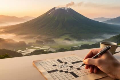 Main écrivant sur des mots croisés avec le mont Aso, un volcan japonais fumant, des rizières et une vallée brumeuse à l'aube.