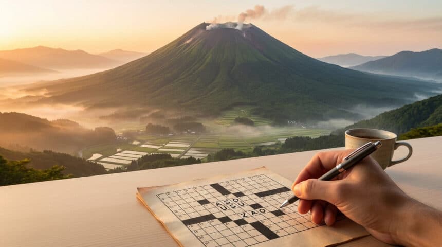 Main écrivant sur des mots croisés avec le mont Aso, un volcan japonais fumant, des rizières et une vallée brumeuse à l'aube.