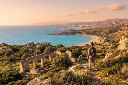 Vue panoramique depuis une colline : homme regardant une baie turquoise, plage, ruines antiques et montagnes chypriotes.