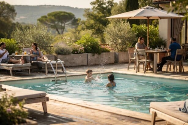 Famille se détendant autour d’une piscine ensoleillée