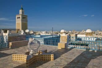 Terrasse panoramique avec minaret et toits de Tunis