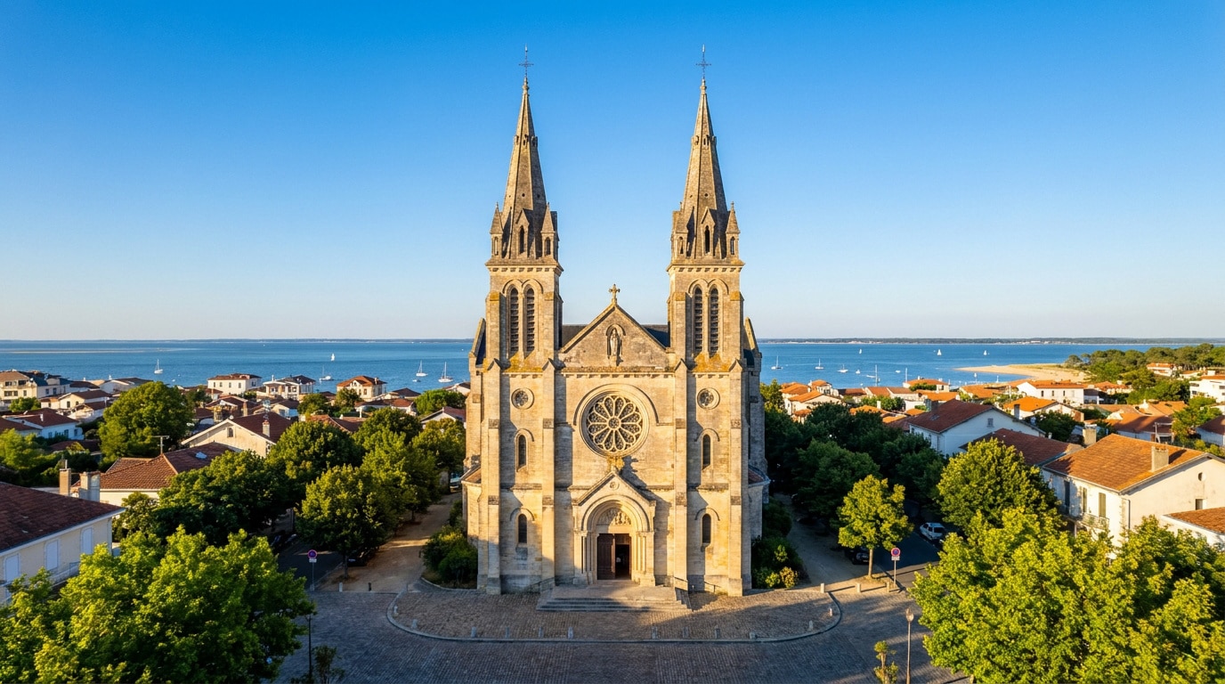 Vue aérienne de la basilique Notre-Dame d'Arcachon avec ses deux flèches dominant les toits et le Bassin d'Arcachon.