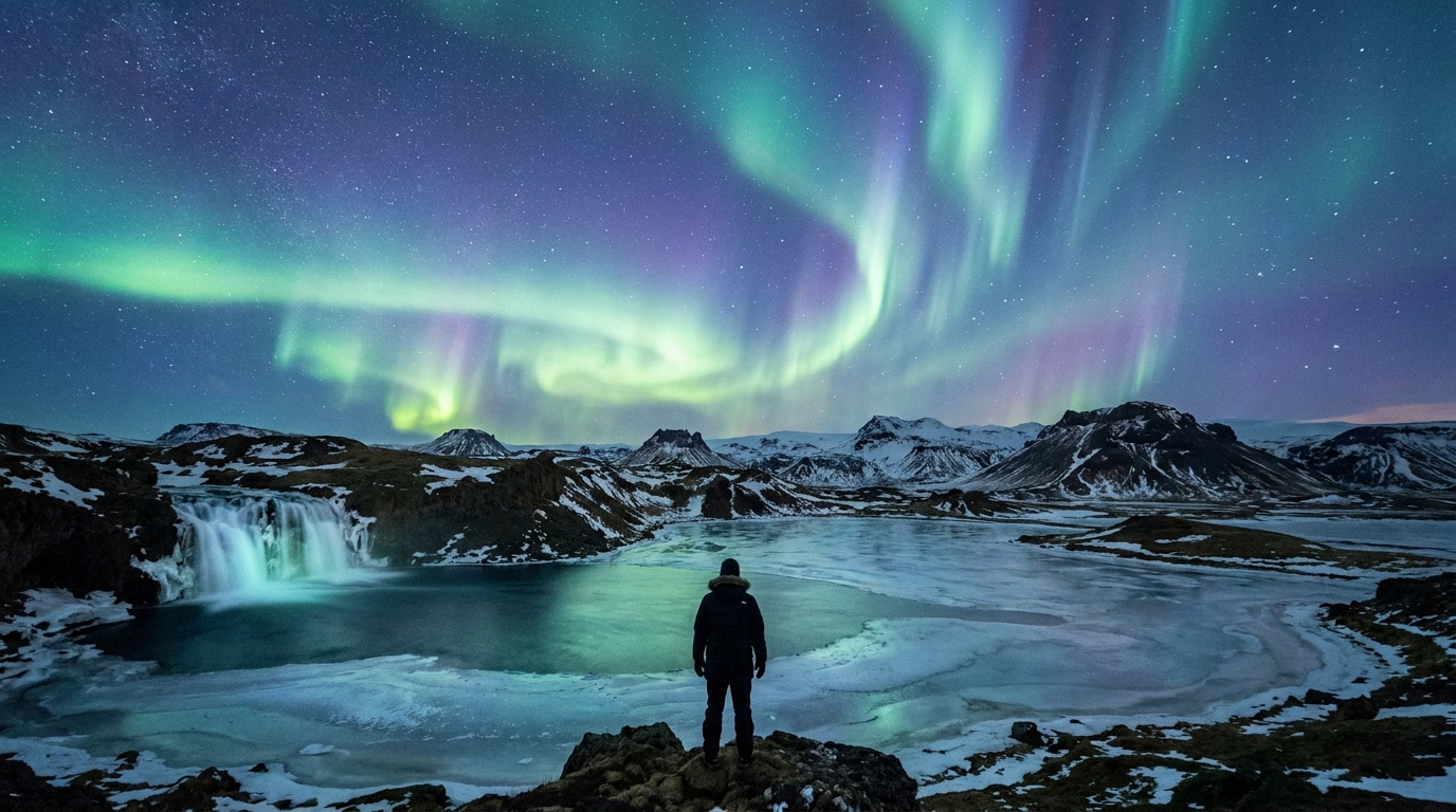 Une personne regarde les aurores boréales au-dessus d'une cascade gelée et d'un paysage montagneux en Islande.