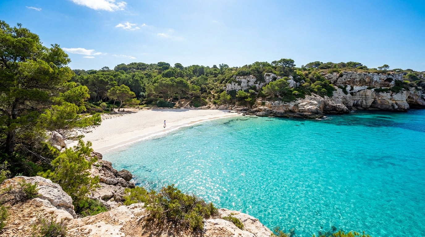 Vue panoramique sur la plage de Cala Turqueta avec son eau turquoise cristalline, entourée de falaises et de pins.