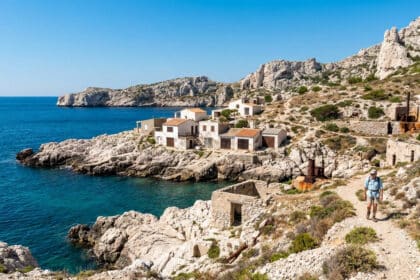 Un randonneur marche sur un sentier surplombant les petites maisons blanches de la calanque de Callelongue.