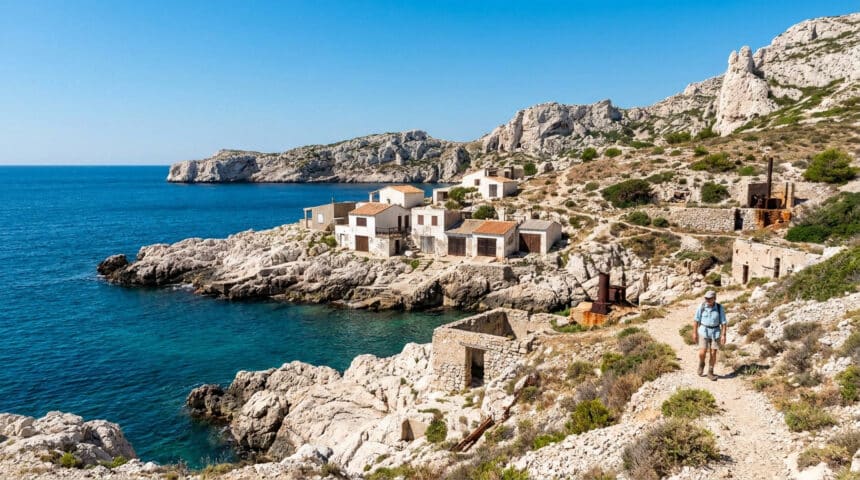 Un randonneur marche sur un sentier surplombant les petites maisons blanches de la calanque de Callelongue.