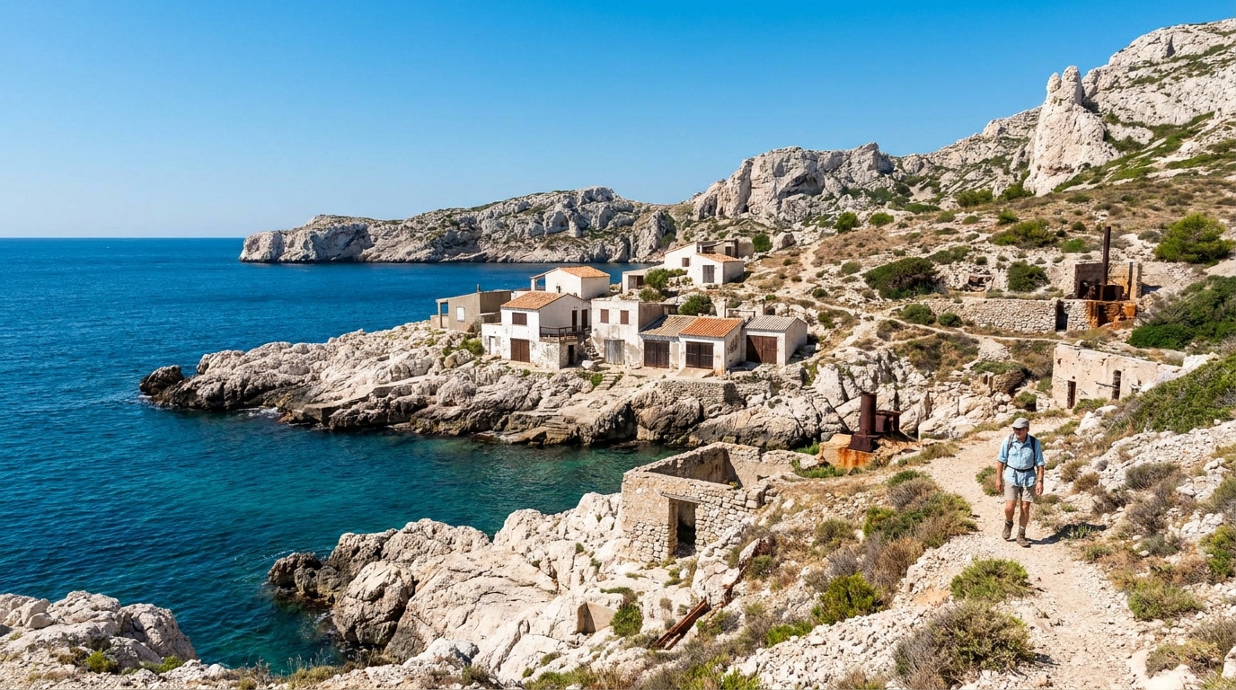 Un randonneur marche sur un sentier surplombant les petites maisons blanches de la calanque de Callelongue.