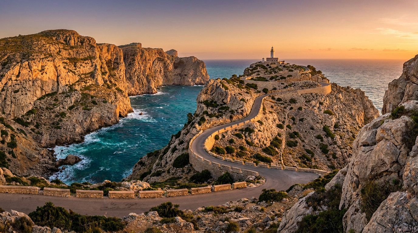 Vue panoramique du phare de Cap de Formentor à Majorque, entouré de falaises escarpées au-dessus de la mer.