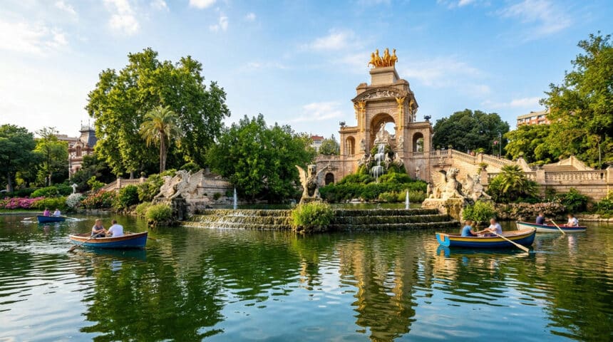 Barques sur le lac du parc de la Ciutadella devant la fontaine monumentale à Barcelone sous un ciel bleu.