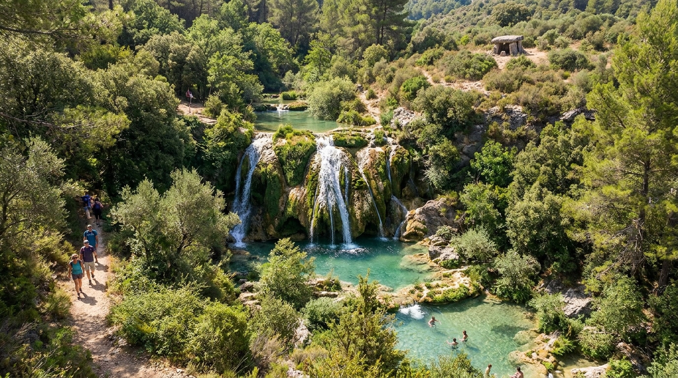 Randonneurs près d'une cascade entourée de forêts avec des baigneurs dans un bassin turquoise à Escragnolles.