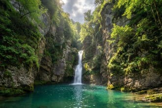 Une cascade spectaculaire se déverse dans un bassin turquoise au cœur des gorges de Kakuetta luxuriantes.