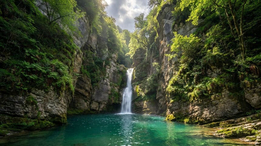 Une cascade spectaculaire se déverse dans un bassin turquoise au cœur des gorges de Kakuetta luxuriantes.