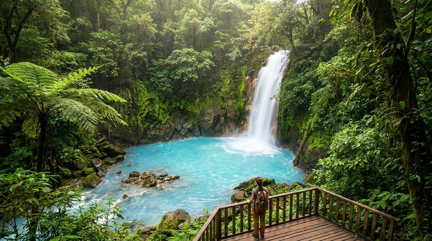 Une randonneuse contemple la cascade turquoise du Rio Celeste entourée d'une forêt tropicale luxuriante.
