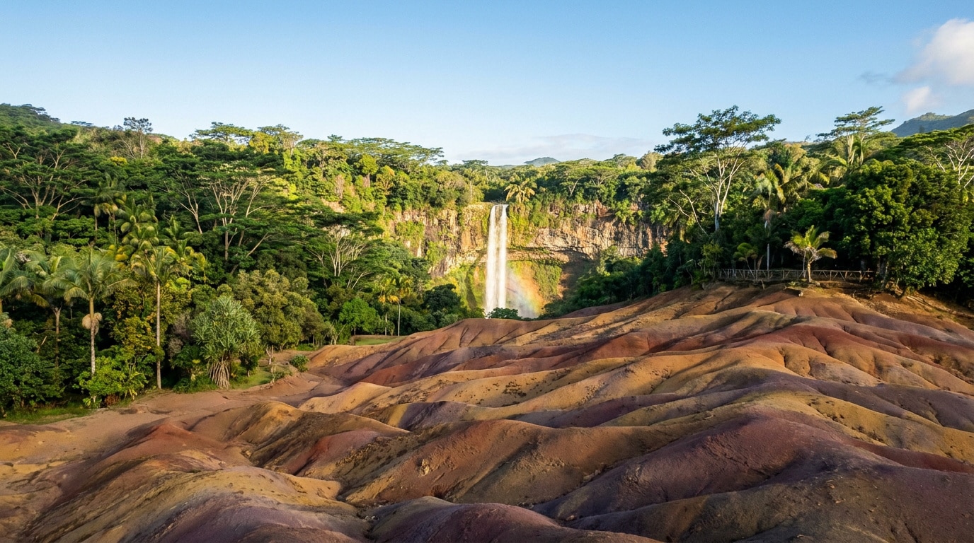 Vue panoramique des dunes de terre colorée de Chamarel à Maurice avec la cascade en arrière-plan sous un ciel bleu.