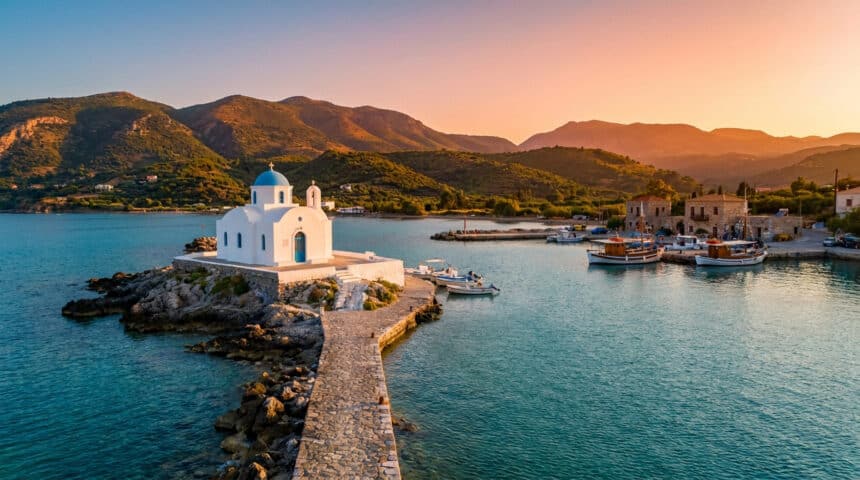 Petite église blanche à dôme bleu au bout d'une jetée en pierre à Georgioupolis, Crète, sous un coucher de soleil doré.