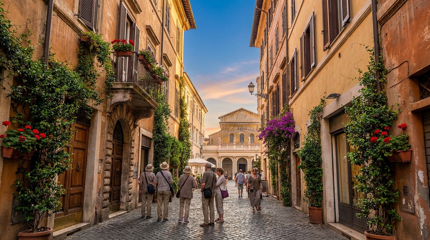 Touristes marchant dans une rue pavée fleurie menant à la basilique Santa Maria in Trastevere au crépuscule.