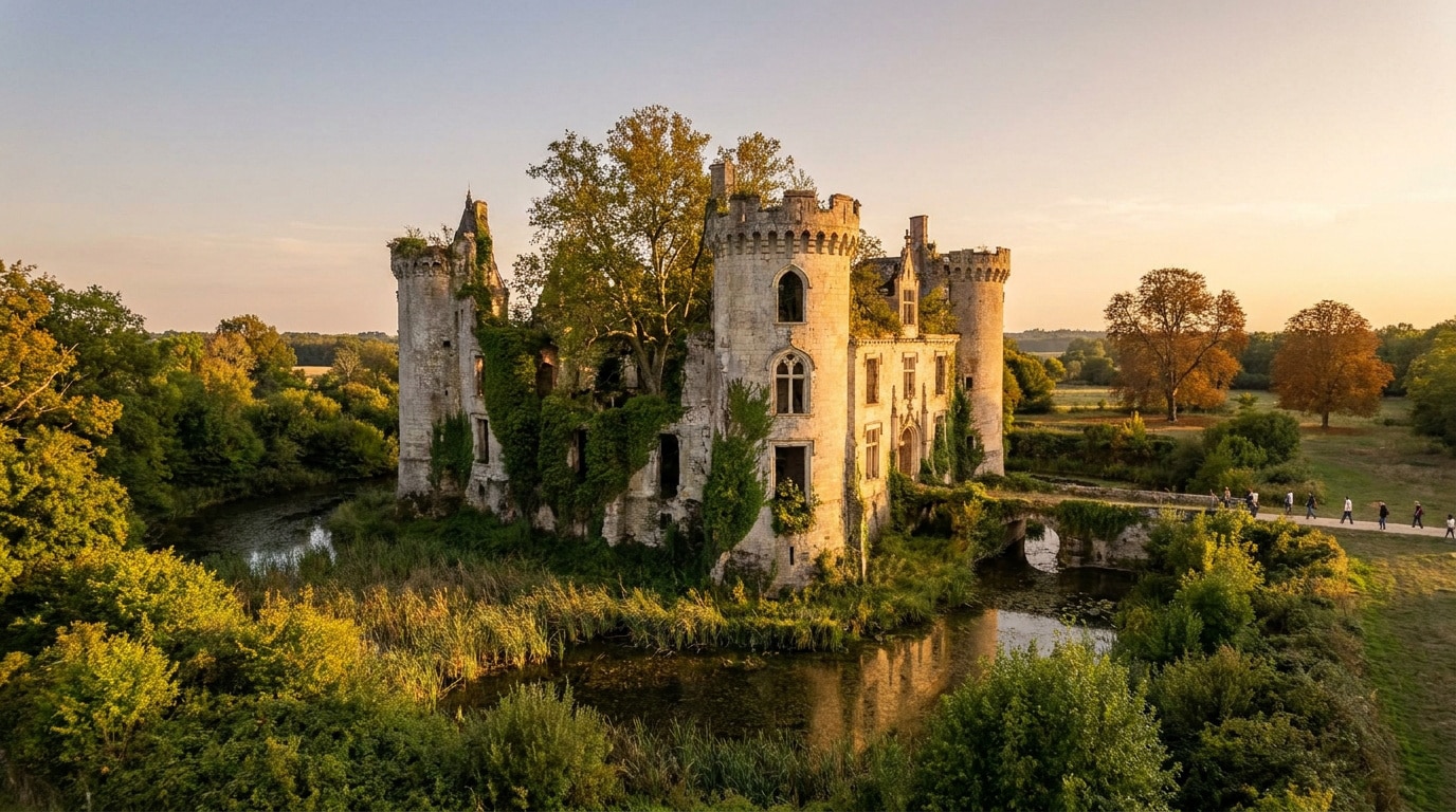 Vue aérienne du château de la Mothe-Chandeniers, envahi par la végétation au milieu de douves lors d'un coucher de soleil.
