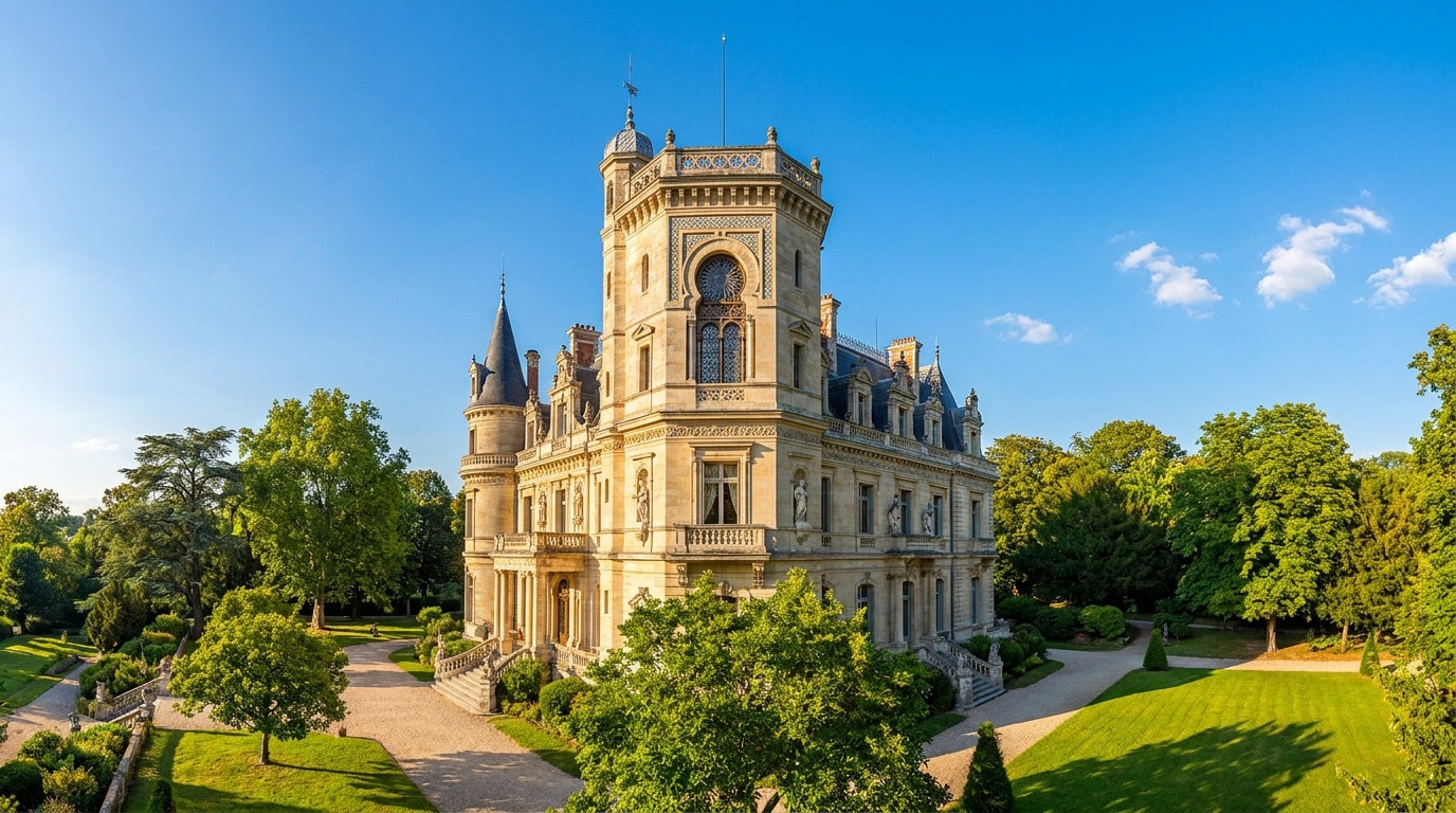 Façade ensoleillée du château de Monte-Cristo, ancienne demeure d'Alexandre Dumas, entourée d'un jardin luxuriant.