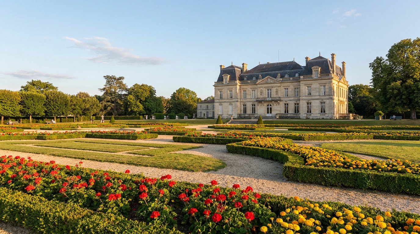 Le château de Peixotto entouré de jardins à la française fleuris sous un ciel bleu ensoleillé.