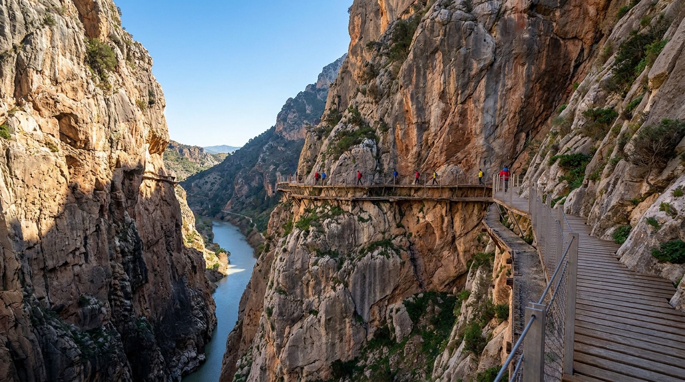 Randonneurs marchant sur une passerelle en bois suspendue à flanc de falaise au Caminito del Rey en Espagne.