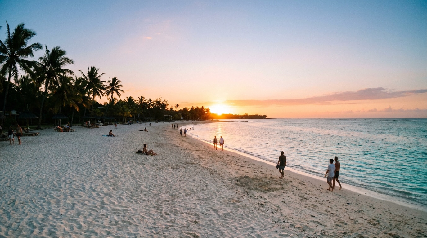 Vue panoramique d'une plage tropicale à Flic en Flac au coucher du soleil avec des personnes se promenant sur le sable.