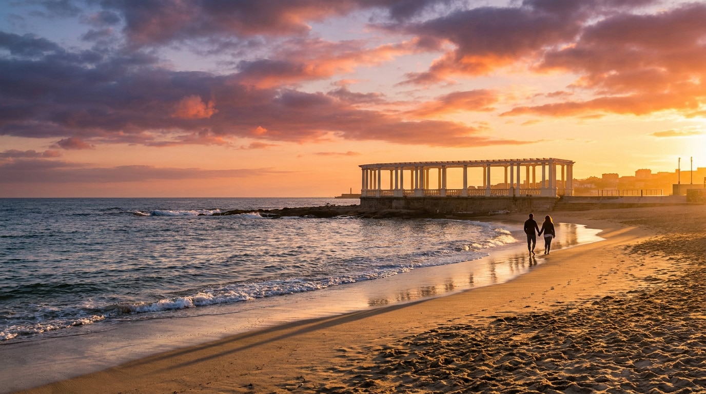 Un couple marche main dans la main sur une plage de Porto au coucher du soleil devant une pergola historique.