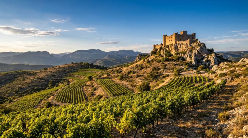 Un château médiéval en pierre surplombant des vignobles vallonnés sous un ciel bleu ensoleillé dans les Corbières.