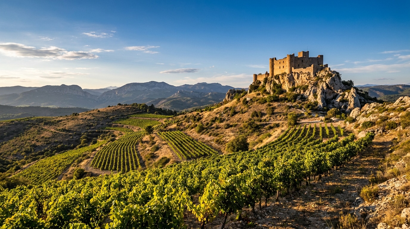 Un château médiéval en pierre surplombant des vignobles vallonnés sous un ciel bleu ensoleillé dans les Corbières.
