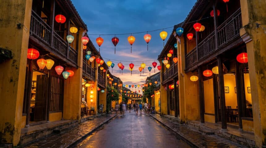Rue historique de Hoi An avec des lanternes colorées suspendues au-dessus des maisons jaunes traditionnelles au crépuscule.