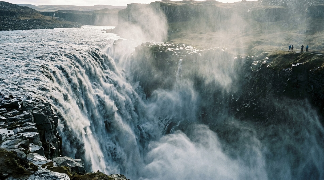 Vue panoramique de la puissante cascade de Dettifoss en Islande avec des touristes observant depuis le bord de la falaise.