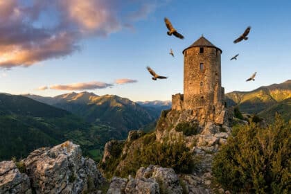 Une tour médiévale perchée sur une montagne au coucher du soleil avec plusieurs aigles volant autour.