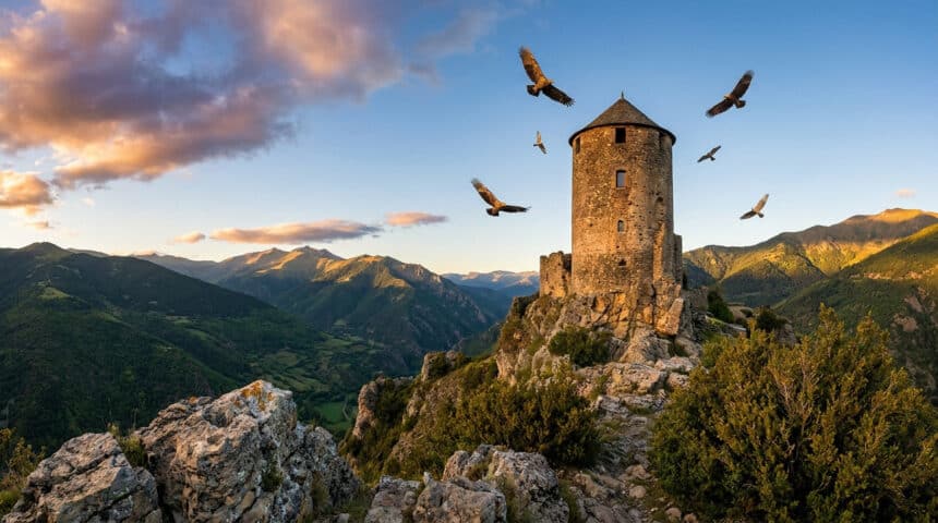 Une tour médiévale perchée sur une montagne au coucher du soleil avec plusieurs aigles volant autour.