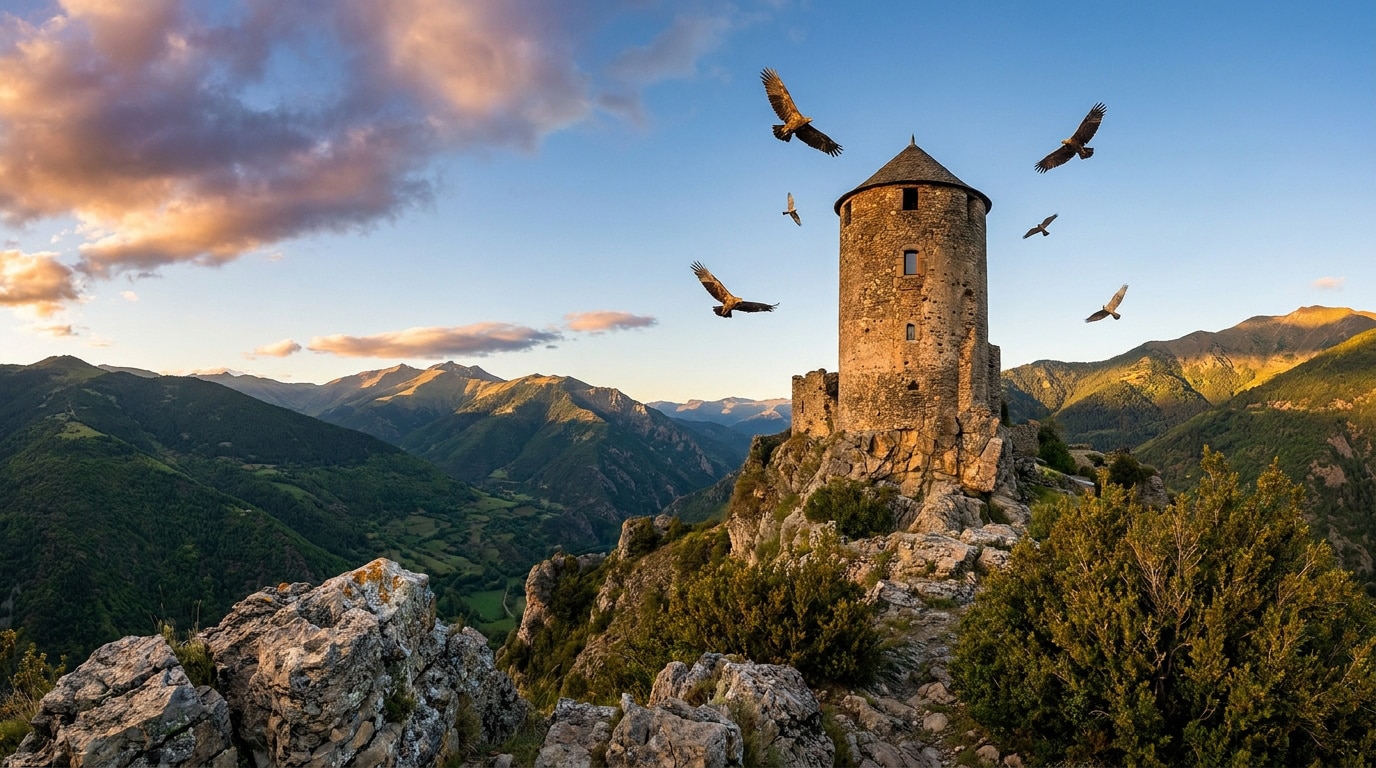 Une tour médiévale perchée sur une montagne au coucher du soleil avec plusieurs aigles volant autour.