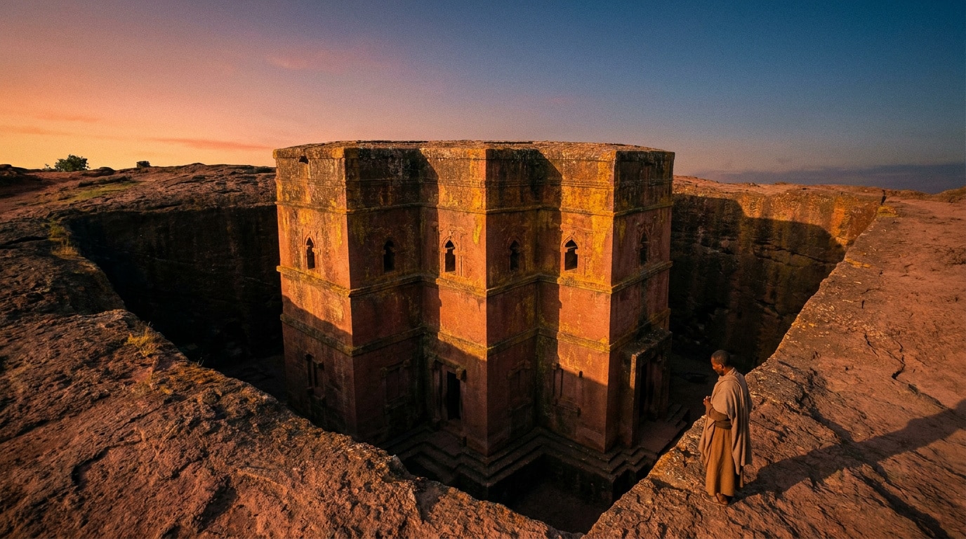 Vue panoramique de l'église monolithique Saint-Georges à Lalibela au coucher du soleil avec un fidèle en prière.