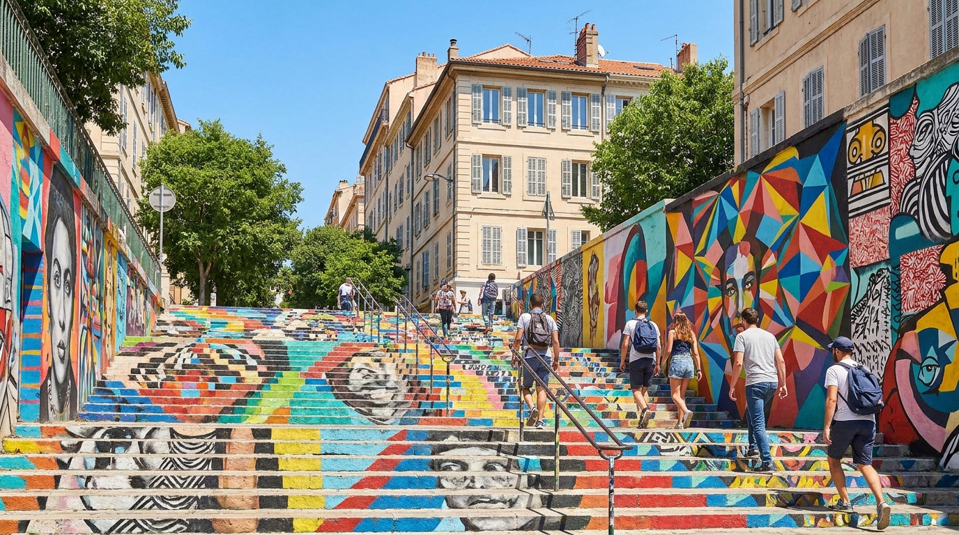 Escaliers peints de fresques colorées au Cours Julien avec des passants sous un ciel bleu à Marseille.